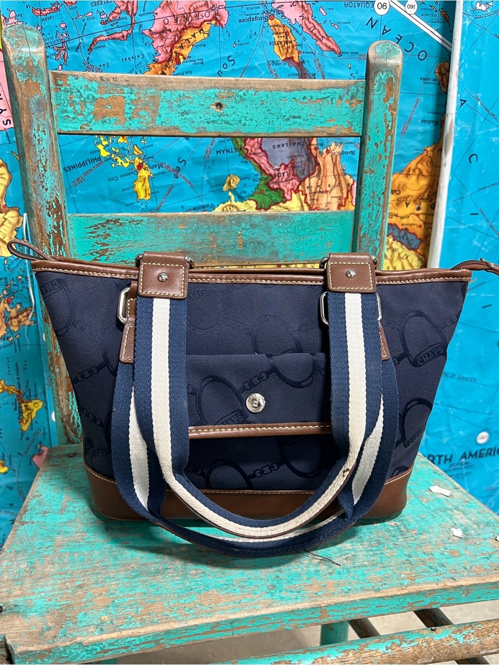 Chaps Navy Tote with Brown Trim and Navy-White Striped Handles